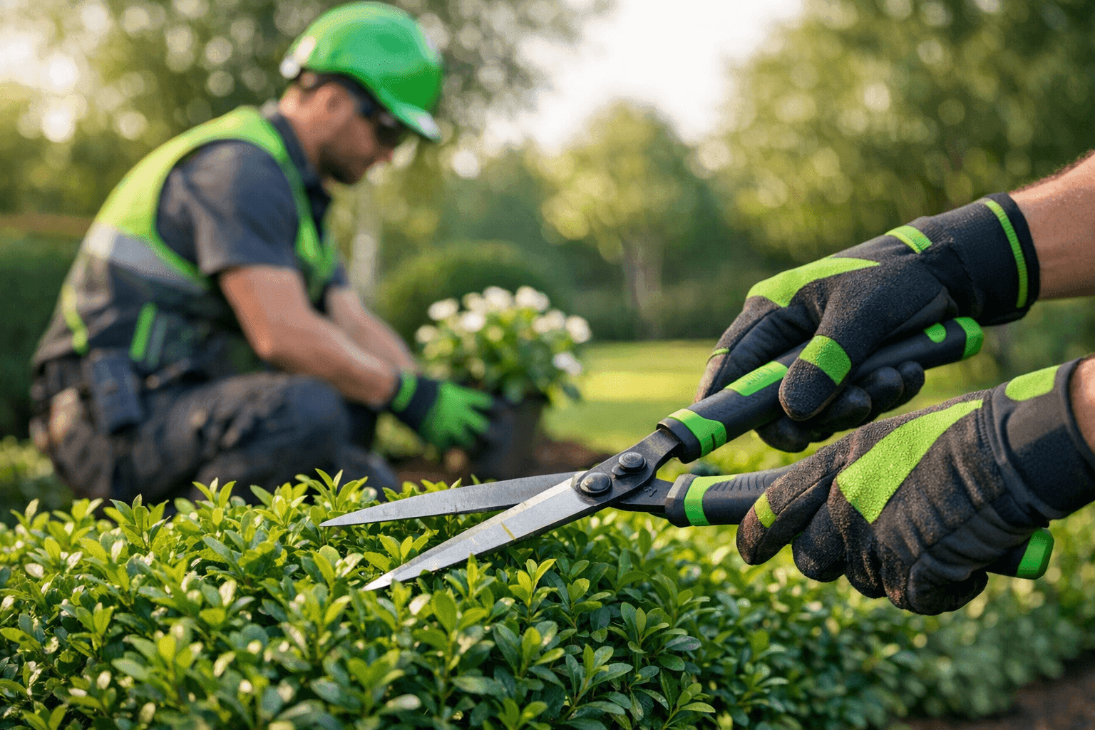Professional landscaper trimming green shrubs in a residential yard wearing safety gloves and PPE.
