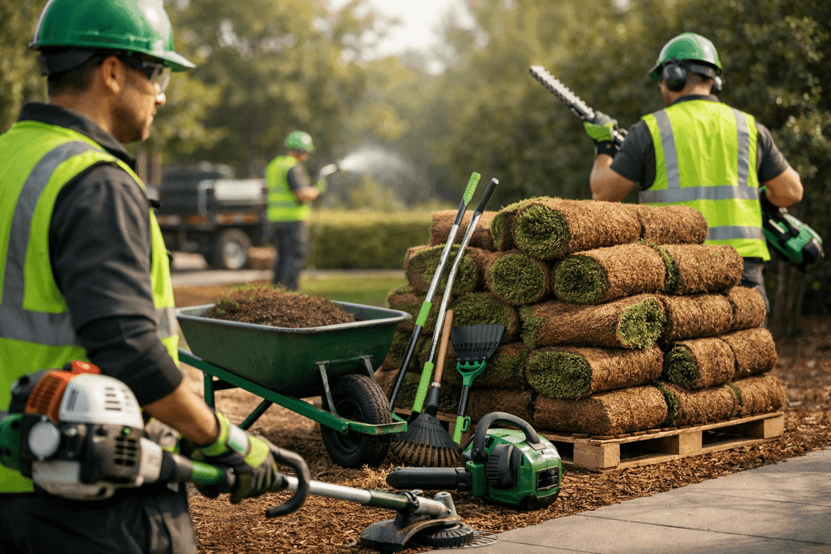 Close-up of gloved hands planting a young shrub in soil with gardening tools nearby.